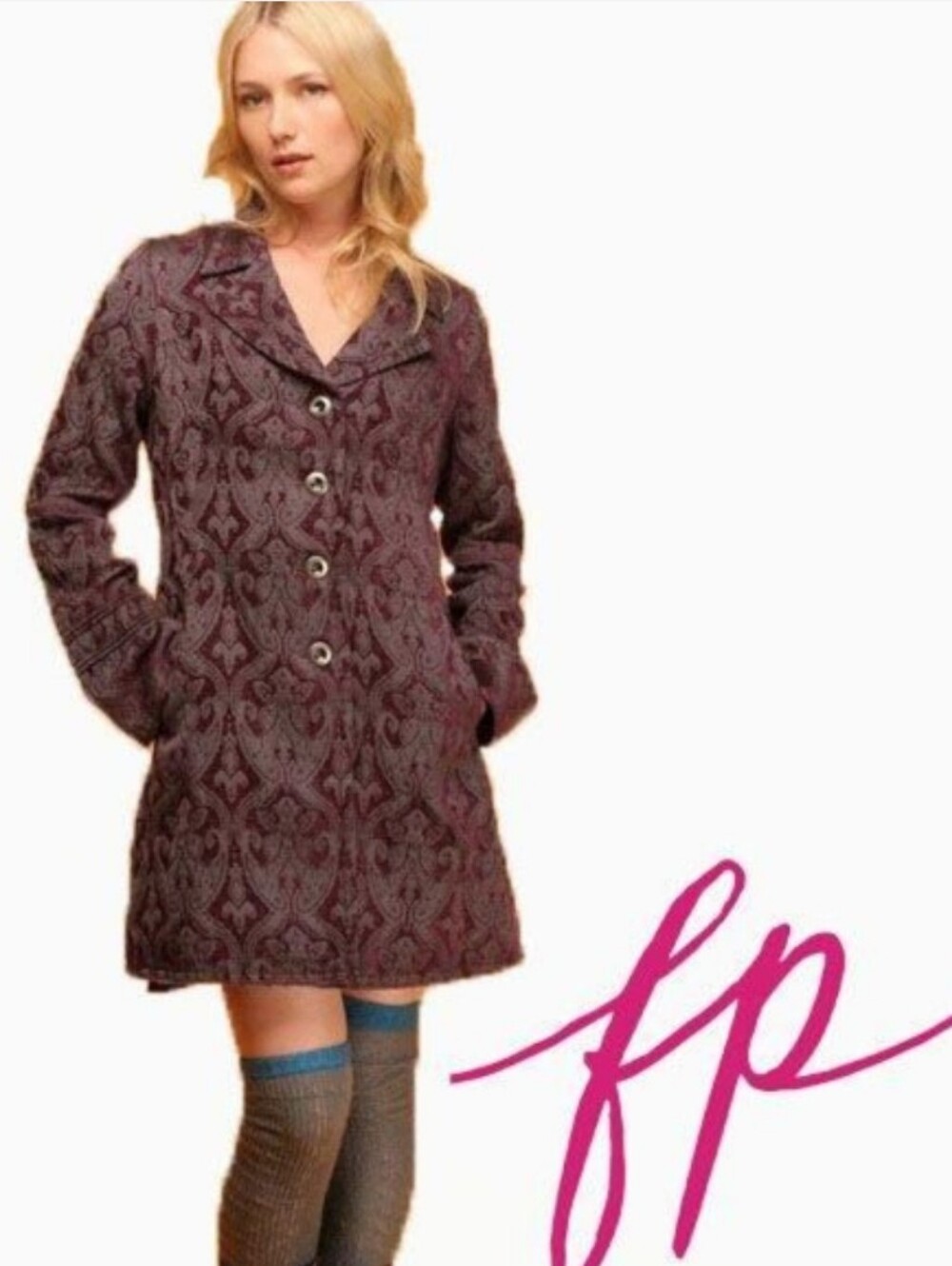 FREE PEOPLE VINTAGE PLUM BROCADE TAPESTRY COAT SZ 4